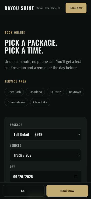 Booking section of the Bayou Shine demo site on a phone: service area, package and vehicle pickers, a day field, and a Book now button.