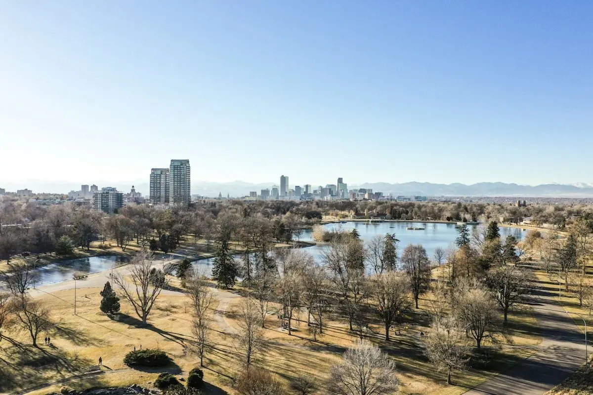 City park with a lake and skyline